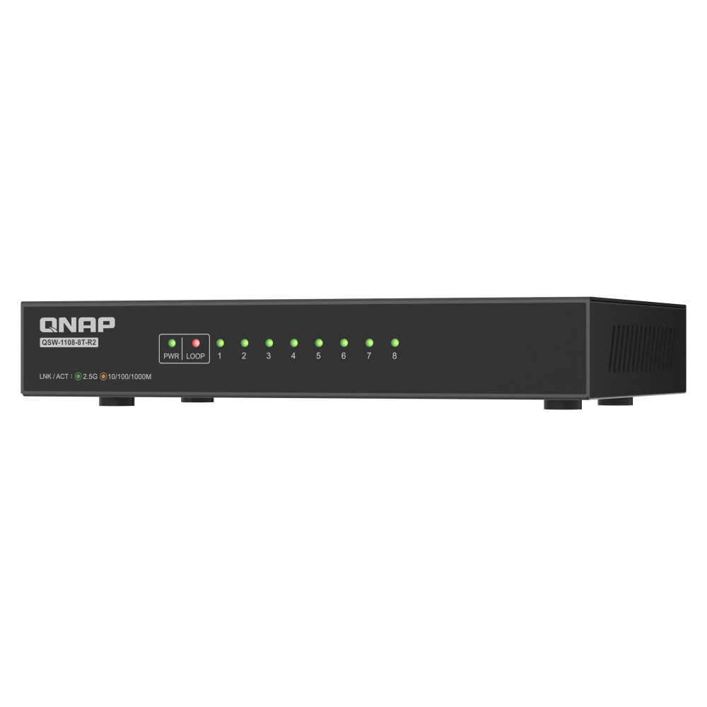 QNAP QSW-1108-8T-R2 network switch front angled view